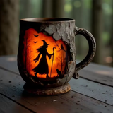 Ručno rađena 3D Halloween šolja — veštica i mačka